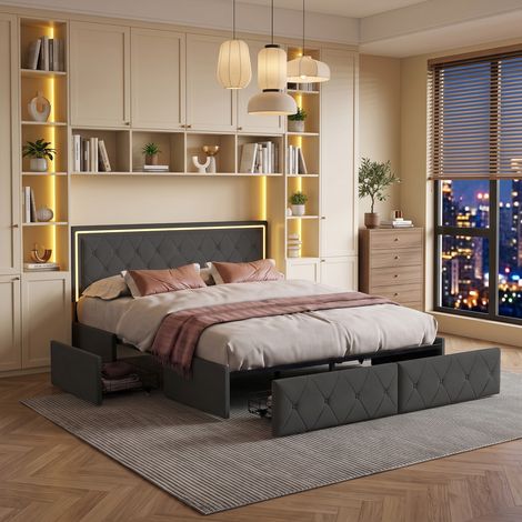 Lit 140x190 bois avec 4 tiroirs, lit 2 places avec sommier, lit led 140x190, Tête de lit réglable, PU, gris (1/5)