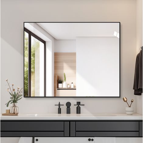 Miroir de salle de bain 70 x 90 cm avec cadre en aluminium noir (1/5)