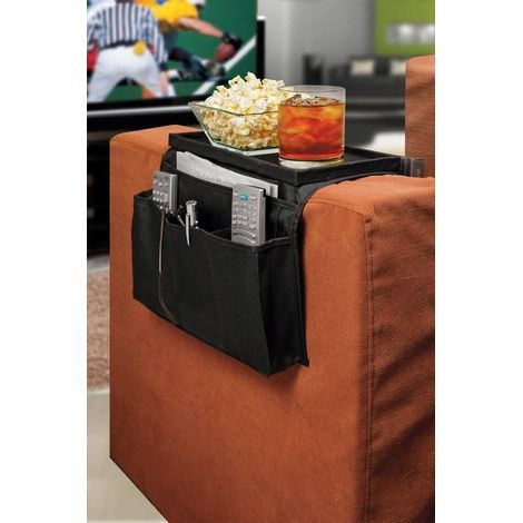Soffarmstödsorganisatör med bord - 5 fickor, halkfri botten, TV-fjärrkontrollhållare - Draperas over soffarm for avkoppling och bekvämlighet