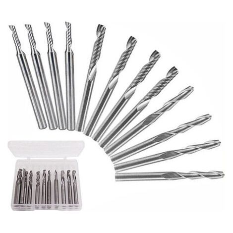 Set of 12 carbide burrs, including 4 double-edged burrs 3.2 mm (1/8 inch) and 8 single-edged burrs with a single helix (2 types), for nylon, resin, ABS, acrylic, PVC