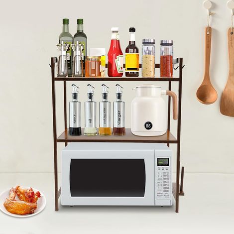 Estante de cocina extensible de 2 niveles para horno microondas, estante de almacenamiento para horno microondas, estante de almacenamiento con 4 ganchos.