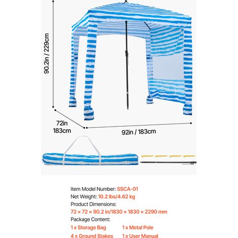 VEVOR Beach Cabana, 6 x 6 ft Beach Canopy with Side Wall, UPF 50+ Protection Easy Setup Cabana Tent with Sand Pockets, Portable Shade Sun Shelter Umbrella for Whole Family & Friends, Blue Stripes (1/4)