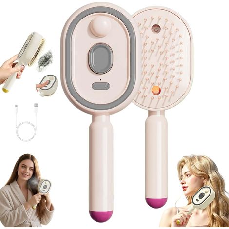 Brosse à vapeur électrique, fer à lisser à vapeur rechargeable avec spray, peigne démêlant antistatique 3 en 1 et massage à coussin d'air, outil de coiffure portable sans fil (Rose) (1/5)