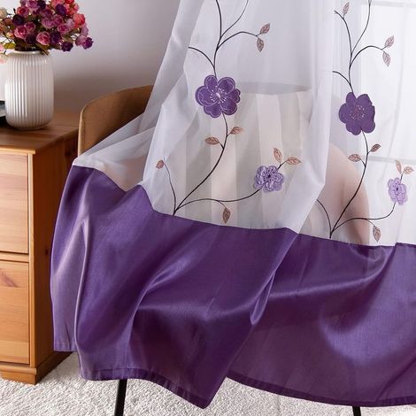 Ösengardine (1 Stück), transparent, mit Blumenstickerei, für Schlafzimmer, Küche, Wohnzimmer, 140 cm x 245 cm, Sonnenlila (1/4)