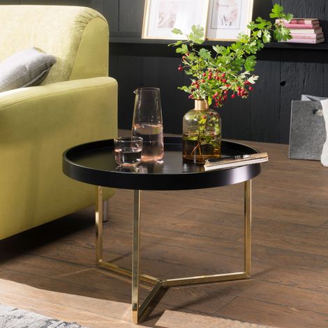 Table basse ronde 58,5x42 cm en bois noir et métal doré