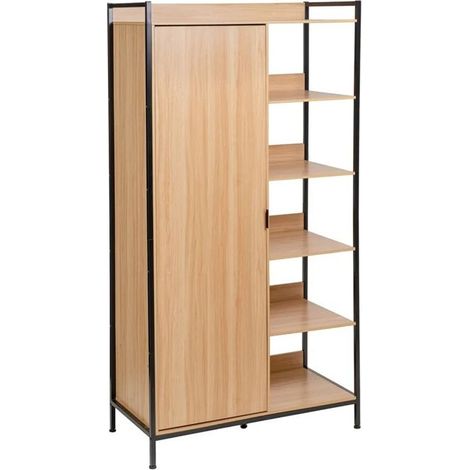 Armoire dressing - JUANIO - 100 x 48 x 190 cm - MDF effet chêne & métal - Colonne 5 étagères - Penderie 50x46x141 cm (1/5)