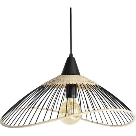 Suspension rotin noir et naturel – 1 lumière E27 – Ajustable en hauteur – Diamètre 45 cm – IP20 pour toutes pièces – Seynave