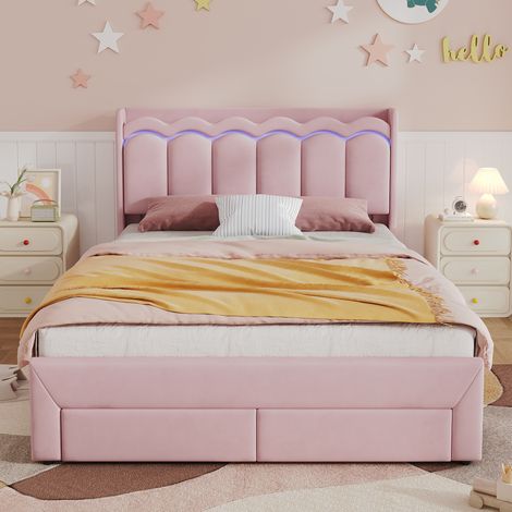 Lit 2 places 140x200 cm en velours rose avec 2 tiroirs de rangement, sans matelas - CHICFURN (1/5)