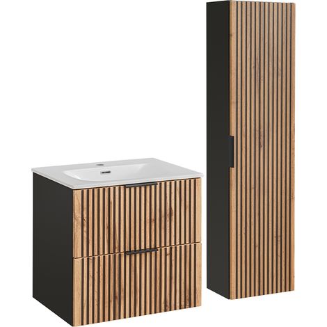 Conjunto mueble lavabo individual encastrado 60 cm y columna Gaia Madera y Negro (1/4)