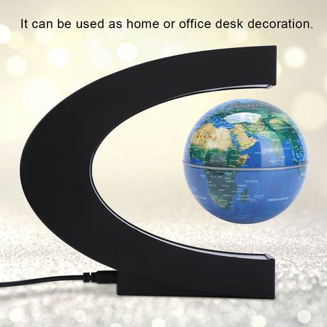 Globe terrestre magnétique flottant en forme de C de 7,6 cm avec éclairage LED intégré, idéal pour la maison ou le bureau (100-240 V, bleu, UE). (1/5)