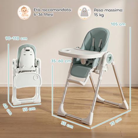 Chaise haute pliable pour bébés de 6 à 36 mois, réglable en hauteur, avec double plateau lavable et roulettes, verte. (1/5)
