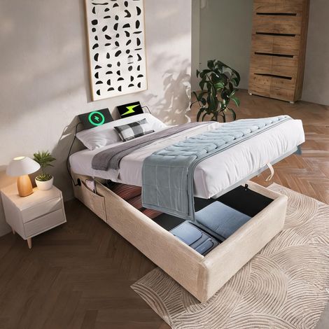 Cadre de lit beige Natural en lin 202 x 91 x 29 cm (1/5)