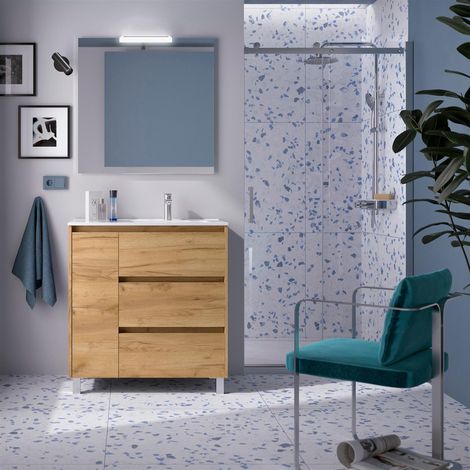 Ensemble complet Noja 850 3 tiroirs et 1 porte gauche Chêne Afrique + meuble-lavabo + miroir + luminaire (1/3)