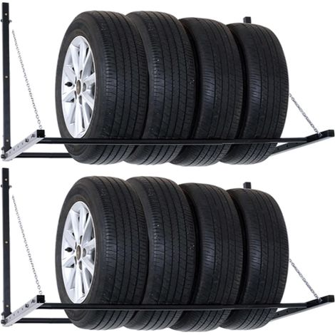 KIT DUE SUPPORTO PORTA GOMME 8 POSTI PNEUMATICI AUTO MACCHINA GARAGE DA PARETE MURO SCAFFALE