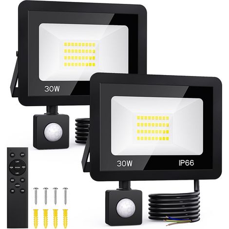 Projecteur LED 30W - Lot de 2 - Aluminium IP66 - Détecteur Mouvement PIR - Télécommande - Blanc Froid 6500K (1/5)