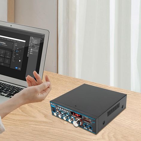 HiFi Verstärker mit Bluetooth, 12V 220V Mini Audio Verstaerker Digital Endstufe, Unterstützt FM SD-Karte U-Scheibe MP3, 300W+300W Endverstärker mit 2 Mikrofonanschlüsse für Zuhause oder Auto (1/5)