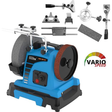 Güde – Affûteuse à eau 250 mm – Puissance 150 W – Vitesse 30-150 t/min – Réglage continu de la vitesse – Pour outils tranchants