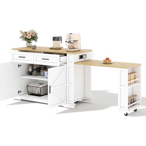 Îlot central de cuisine extensible Blanc,Desserte Cuisine avec 2 tiroirs,plan de travail,prise avec USB,130-205x50x93cm (1/5)