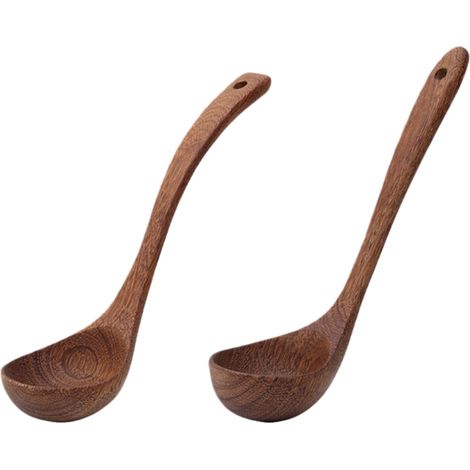Ensemble de 2 cuillères de cuisine en bois non peint comprenant louche courbée et cuillère droite couleur marron (1/5)