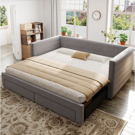 Cama tapizada 3 en 1 moderna gris 90x190 cm, extensible a 180x190 cm con 2 cajones y somier de láminas (1/5)