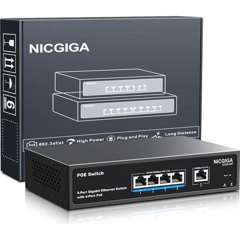 Commutateur PoE Gigabit 4 Ports Non administré avec 4 Ports IEEE802.3af/at PoE @78W, 1 x 1000Mbps Uplink, 5 Port Network Power Over Ethernet Switch, VLAN Mode, Desktop/Wall-Mount. (1/5)