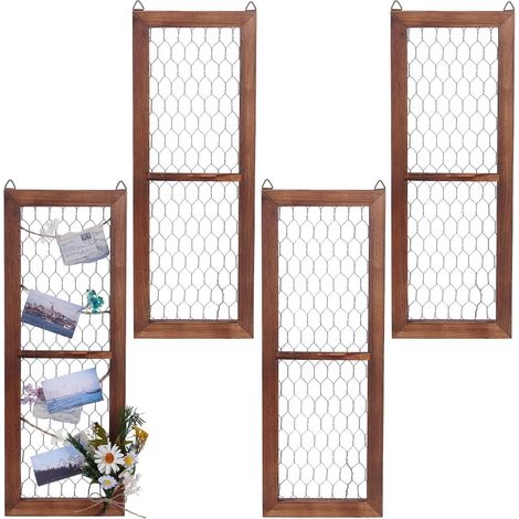 4 Pcs Cadre en Bois Grillagé pour Poules, Chasseur de Soleil Cadre de Fenêtre en Bois avec Grillage à Poules Organisateur Mural pour Photos et Bijoux, 405x150x19.5mm (1/5)
