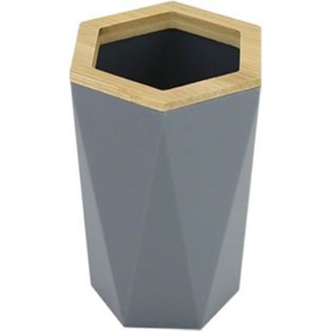 Trade Shop - BICCHIERE PORTA SPAZZOLINI A CILINDRO ESAGONALE GEOMETRICO GRIGIO LEGNO DA BAGNO 10847 -