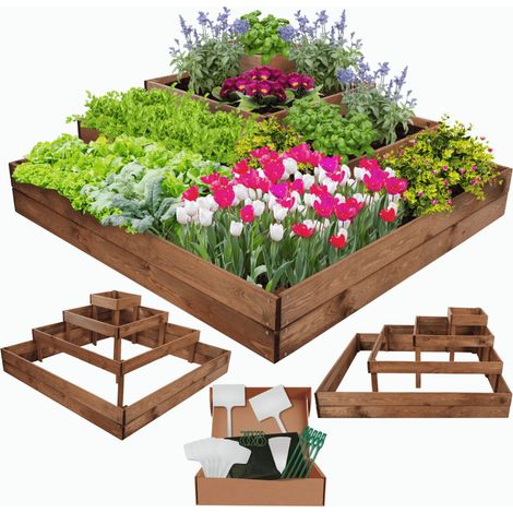 MODO24 Potager surélevé bois 45x119x119 cm, jardinière balcon/terrasse pour herbes, légumes, kit jardinier inclus, brun imprégné