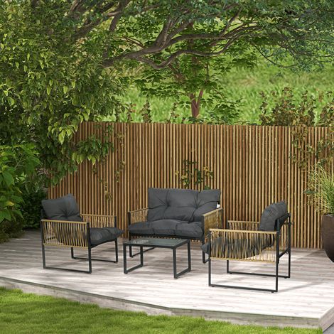 Ensemble salon de jardin 4 pièces canapé 2 places 2 fauteuils et 1 table basse verre plateau trempé 3 coussins - gris