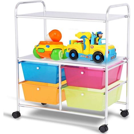 GOPLUS Chariot de Rangement 4 Tiroirs, 63 x 37 x 74,5 CM, Tour de Rangement à roues, Cadre en Acier, pour Chambre, Coloré