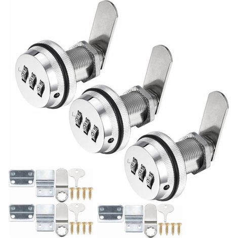 Lot de 3 serrures à came à combinaison (argent) pour panneaux de 15 à 25 mm d'épaisseur, avec code de sécurité et cylindre de 28 (1/5)