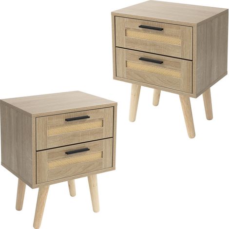 ML-Design Juego de 2x Mesitas de Noche con 2 Cajones 40x50,5x30 cm Mueble Estilo Rústico de Madera aspecto de Roble y Ratán para Salón, Comedor, Dormitorio, Cajonera Auxiliar con Patas para Cama