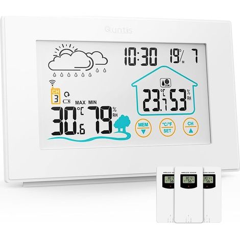 Station Météo sans Fil de avec 3 Capteurs Extérieurs Thermomètre Hygromètre Numérique Intérieur et Extérieur Station Météo Sans Fil Multifonction avec Affichage de l'heure Réveil Météo - blanc (1/5)