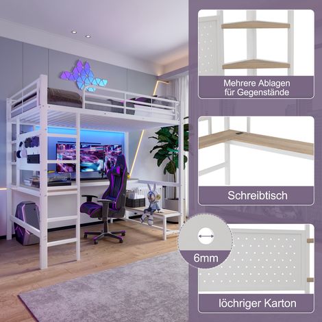 Lit mezzanine 90x200 cm fer blanc,bureau,rampe,étagères,USB+Type-C,LED,panneau perforé,design moderne,sans matelas