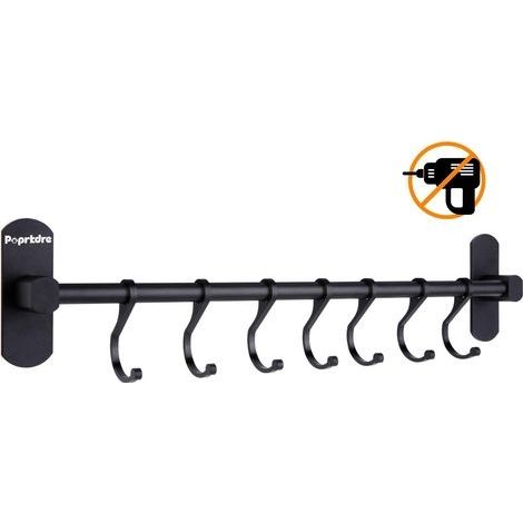 Küchenutensilienhalter aus Edelstahl zur Wandmontage mit 6 Haken, Küchenbar aus Aluminium zur Wandmontage, Küchenutensilienhalter zur Wandmontage (Schwarz) (1/3)
