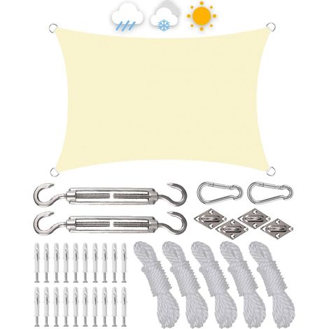 Sonnensegel Wasserdicht 3x4m Rechteckig, HDPE 98% UV, Mit Befestigung Set Und Rostschutz Ösen, Wetterfest &amp Reißfest, Geeignet für Außenbereich, Garten, Terrasse(Hellbeige)