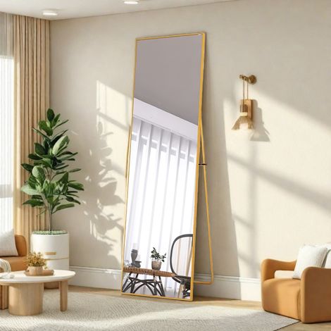 Miroir doré 140x40 cm,Miroir pleine longueur a poser sur pied ou  mural, Cadre en Aluminium,pour Salle de Bain, Chambre, Entrée