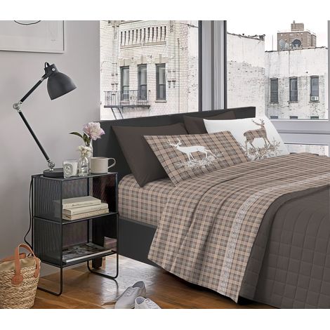 Completo Letto Stampato Made In Italy 100 % Cotone Set Lenzuolo Sopra Sotto Federe Tartan Beige - Matrimoniale