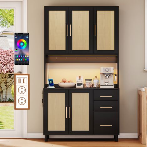 Küchenbuffet 183cm mit LED-Beleuchtung, Steckdose+USB-Anschlüssen und verstellbaren Regalen, 5 Türen, 3 Schubladen, Schwarz