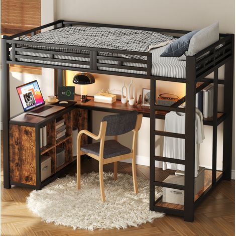 Lit mezzanine moderne 140x200 cm en métal et MDF noir avec bureau, rangement ouvert, LED, USB et garde-corps (1/5)