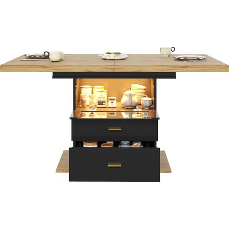 Table à manger extensible 110-140 x 80 x 75 cm avec éclairage LED intégré - Plateau bois et MDF - pour 6 personnes -naturel (1/5)