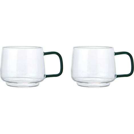 La Cafetière Mug de verre avec anse de verre vert, élégant mug de thé, café, chocolat chaud, en de verre de borosilicate résistant à la chaleur, empilable, lavable au lave-vaisselle, set de 2