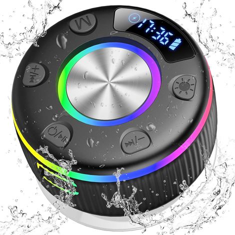 Enceinte Bluetooth Douche, 2026 Enceinte Bluetooth 5.3 avec Ventouse pour La Salle De Bain, 3D Stéréo, Lumière LED, Étanche IP7 Haut-Parleur de Douche avec Mic/Appel pour Soirées Plage, Voyage, Douche (1/5)