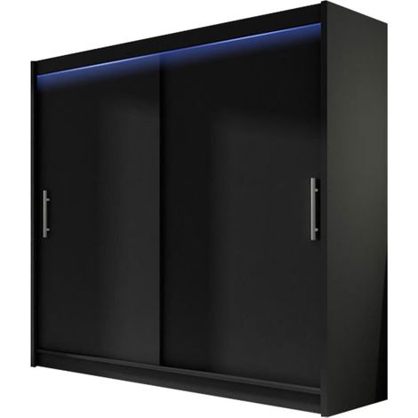 Mirjan24 – Armoire coulissante noire 215x180x58cm – 5 étagères – Éclairage LED intégré – Stratifié durable pour un rangement moderne