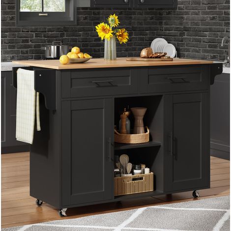 Carrito de cocina con mesa extensible, 2 cajones, estante ajustable y 5 ruedas, negra, 145x70x94,5 cm (1/5)