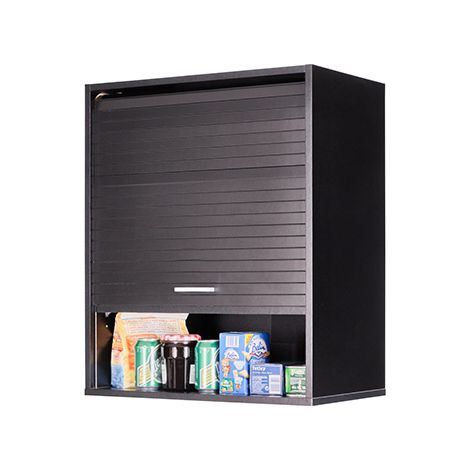 Beaux Meubles Pas Chers – Meuble haut de cuisine noir avec rideau coulissant – 2 étagères réglables – Dimensions L 60 cm H 72 cm P 35 cm – Panneaux mélaminés E1