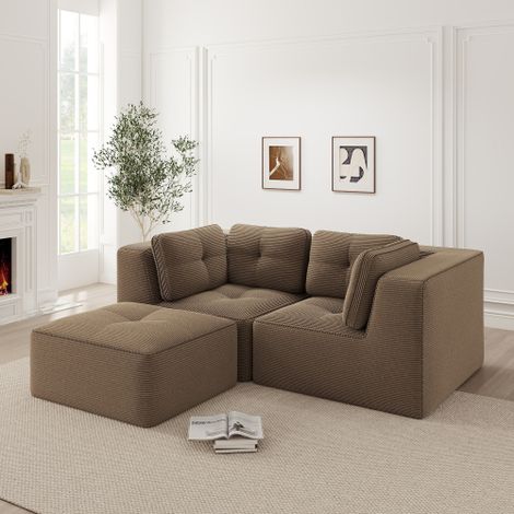 Modulares und konfigurierbares Ecksofa, zweisitziges, rahmenloses L-förmiges Sofa mit beweglicher Fußstütze, bequemer Cordstoff, geeignet für Wohn- und Schlafzimmer,braun
WL