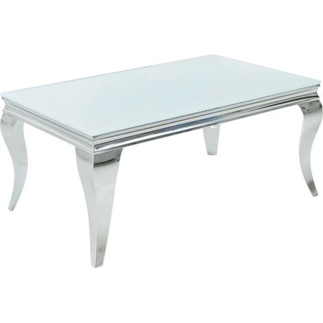 Couchtisch VELENA 100 cm in Silber mit opakem gehärtetem Glas – Geschwungene Beine im Barockstil