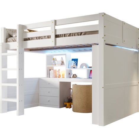 Lit mezzanine enfant 140x200 cm avec LED, bureau, armoire, tiroirs et rangements, en bois de pin, blanc, sans matelas, pour chambre d'enfant CHICFURN (1/5)