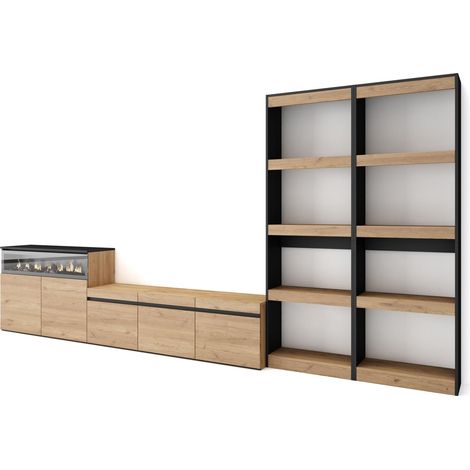 Skraut Home – Ensemble meuble TV moderne avec cheminée électrique – Dimensions 370x35x186cm – Pour TV jusqu'à 65" – Chêne et noir (1/5)